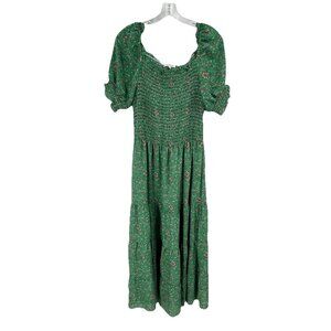 Max Studio Floral Green Smocked Cotttagecore Short Sleeve Maxi Dress Sz L